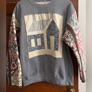 One of a kind upcycled sweatshirt with vintage quilt front and sleeves